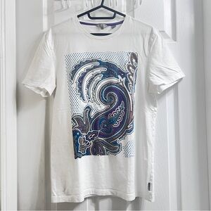 Ted Baker White Short Sleeve Tee Blue Purple Maroon Paisley Design Summer Blouse